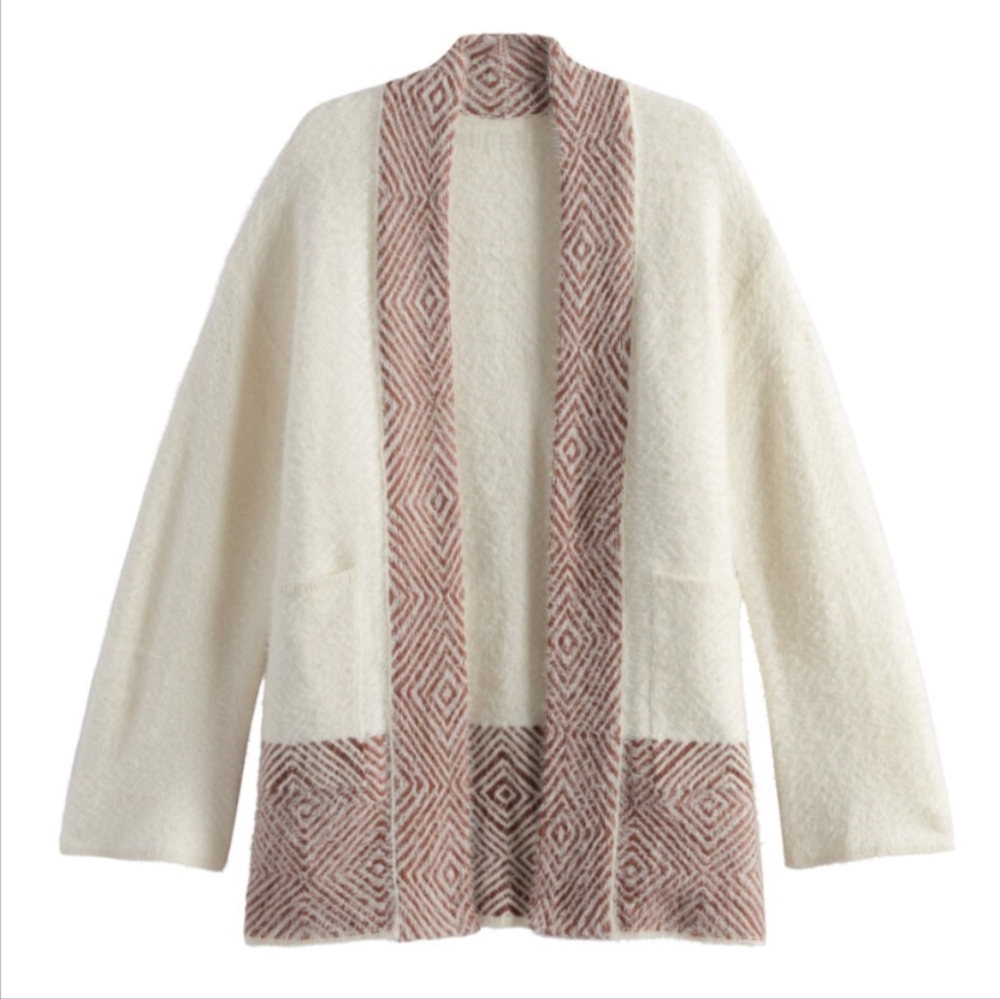 World Market Open Front Cream & Terracotta Diamond Sweater Cardigan Pockets- OS